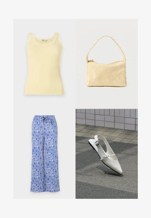 Top sin mangas amarillo de canalé con un cuello y un dobladillo de encaje en forma de ola. Textura suave, diseño ajustado y material ligero.; Pantalones de pierna ancha de color azul con un patrón, que cuentan con una cinturilla ajustable, hechos de una tela ligera con diseños abstractos de líneas blancas.; Zapato plano blanco con punta puntiaguda y diseño slingback con dos hebillas plateadas, mostrado al aire libre sobre un suelo texturizado y fondo de pared con azulejos.; Pequeño bolso de cuero beige con una sola correa y tachuelas plateadas a lo largo de los bordes y la correa, sobre un fondo liso.