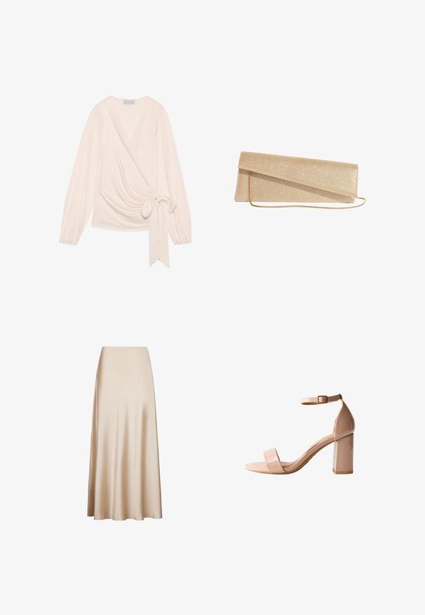 Ærmeløs top i blødt, lys rosa stof. Har lange ærmer, et bånd i taljen og blide draperinger over forsiden.; Satin midi-nederdel i beige med en glat tekstur og en udvidet design fra talje til søm, med en A-formet silhuet. Ingen synlige mønstre eller accenter.; Nude lakhelede hæl-sandal har en firkantet åben tå, ankelrem med spænde og en kraftig blokhæl for stabilitet.; Guldglitrende rektangulær clutch taske med en tynd guldkæde og diagonal klaplukning.