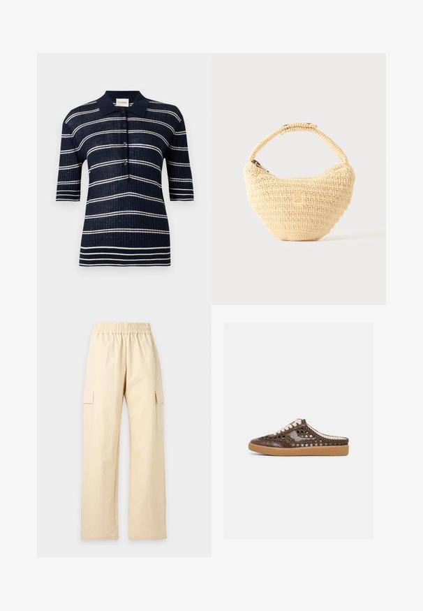 Polo bleu marine à manches courtes avec rayures horizontales blanches et patte boutonnée, texture côtelée et col pointu.; Pantalon beige à jambes larges avec ceinture élastique et poches cargo latérales, présenté sur un fond clair uni.; Sneaker à enfiler en cuir tressé marron avec des lacets blancs et une semelle en caoutchouc beige, présenté de profil sur un fond clair uni.; Sac à main beige tissé avec corps arrondi, fermeture éclair et une sangle courte et épaisse dans un style crochet simple et texturé.