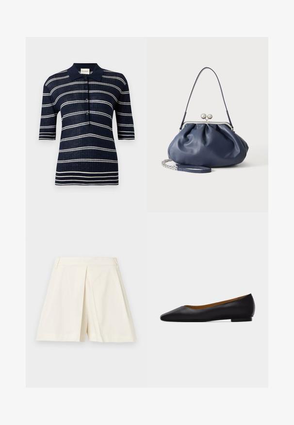 Polo bleu marine à manches courtes avec rayures horizontales blanches et patte boutonnée, texture côtelée et col pointu.; Shorts ajustés couleur crème avec pli devant et passants de ceinture, présentés sur fond blanc.; Chaussure plate en cuir noir à bout pointu avec talon bas et finition lisse, vue de côté sur un fond gris clair.; Sac à main en cuir bleu marine doux avec fermeture à boucle argentée, une seule bandoulière, et une chaîne de poignet amovible sur fond blanc.