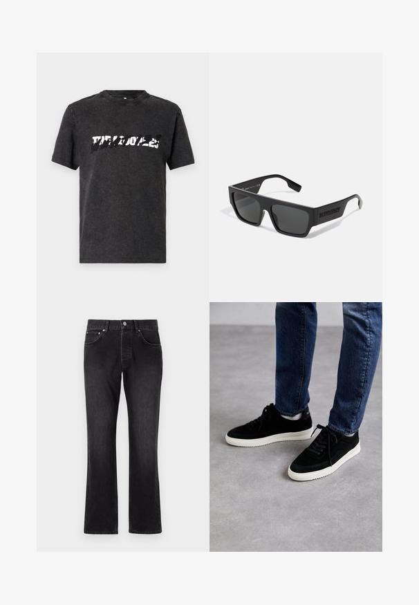 T-shirt en coton noir avec un col ras du cou, affichant un design graphique blanc audacieux et usé sur la poitrine. Manches courtes.; Jean en denim noir avec une coupe droite, présentant une taille mi-haute, des poches avant et une fermeture à boutons classique.; Des baskets en suède noir avec une semelle en caoutchouc blanc, présentant un design classique à talon bas, un bout rond et des lacets plats noirs.; Lunettes de soleil noires avec une forme rectangulaire, finition mate et verres gris. Équipées d'un logo en relief sur les branches. Design classique.