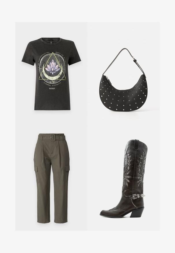 Camiseta de algodón negra con un diseño gráfico que presenta una flor de loto, formas geométricas y texto en varios colores. Manga corta y cuello redondo.; Pantalones cargo en verde oliva, hechos de tela ligera. Las características incluyen una cintura con cinturón, pliegues frontales y bolsillos laterales con cierres de solapa.; Bota cowboy de cuero negro con recortes decorativos, hebilla plateada y tacón inclinado, presentada sobre fondo blanco.; Bolso de mano de cuero negro con forma curva, adornado con tachuelas plateadas, cuenta con cierre de cremallera y una sola correa ajustable.