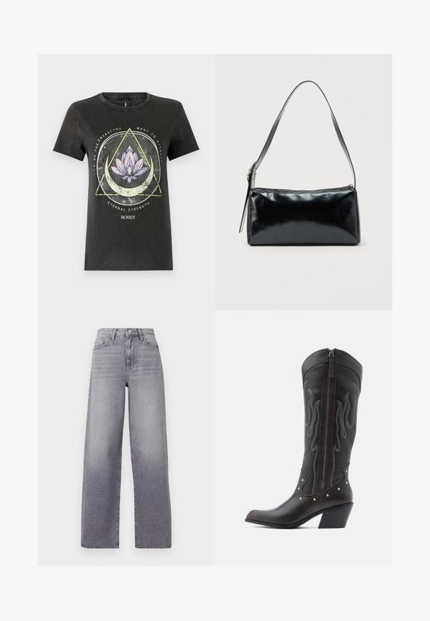 Schwarzes Baumwoll-T-Shirt mit einem grafischen Design, das eine Lotusblume, geometrische Formen und Text in verschiedenen Farben zeigt. Kurze Ärmel und runder Ausschnitt.; Hochgeschnittene, weit geschnittene Jeans in hellgrauem Denim. Mit klassischem Fünf-Taschen-Design, dezenten Verwaschungen und einem metallischen Knopfverschluss.; Braune Cowboy-Stiefel aus Leder mit Flammenstickerei, seitlichem Reißverschluss, silbernen Nieten, spitzer Zehenpartie und geschichtetem Absatz.; Schwarze rechteckige Schultertasche mit einem verstellbaren Riemen und einem oberen Reißverschluss vor einfachem Hintergrund.