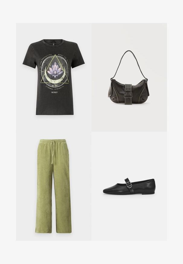 Schwarzes Baumwoll-T-Shirt mit einem grafischen Design, das eine Lotusblume, geometrische Formen und Text in verschiedenen Farben zeigt. Kurze Ärmel und runder Ausschnitt.; Grüne Cord-Hosen mit weitem Bein, elastischem Bund und Kordelzug. Vertikale Rillen im Stoff schaffen Textur.; Schwarzer Lederflatschuh mit runder Zehenform, einem verstellbaren Schnallenriemen und einer glatten, glänzenden Oberfläche. Minimalistisches Design mit einem niedrigen Absatz.; Schwarze Leder-Schultertasche mit Schnallengurt-Detail, abgerundeten Kanten und kontrastierenden weißen Nähten auf schlichtem Hintergrund.