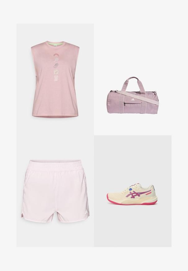 Rosa ærmeløs bomuldsskjorte med rund halsudskæring og legende grafik, herunder en boomerang, tennisketcher og koala.; Lyserøde træningsshorts med elastisk talje, letvægtsstof, sideslids og et lille hvidt logo nederst til højre.; Cremefarvet sportsko med en lyserød sål, blå og lilla accenter, perforeret overdel og design med rund tå.; Lyse lilla sportstaske lavet af skinnende materiale, med to håndtag, en aftagelig skulderrem og en frontlynlåslomme med logo.