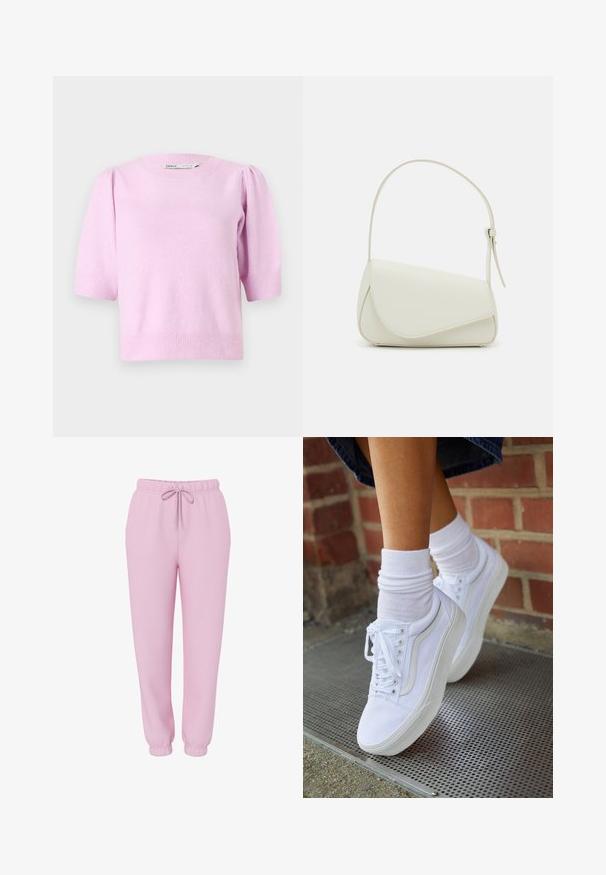 Rosa kurzärmliger Pullover mit Rundhalsausschnitt, gerippten Bündchen und weicher Textur, mit dezenten Puffdetails an den Schultern.; Hellrosa Jogginghose mit elastischem Bund, Kordelzug, Seitentaschen und elastischen Bündchen, abgebildet auf weißem Hintergrund.; Weiße Leinensneaker mit Gummisohlen, ausgestattet mit sechs Ösen, runder Zehenpartie und dezenten Nähten, kombiniert mit weißen Knöchelsocken.; Weiße Kunstleder-Handtasche mit einer strukturierten dreieckigen Form, einem verstellbaren Einzelgurt und einem Klappenverschluss mit geschwungenen Akzenten.