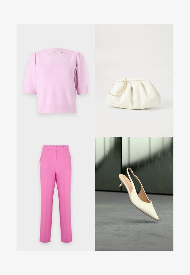 Pull court à manches courtes de couleur rose, avec un col rond, des poignets côtelés et une texture douce, agrémenté de détails légèrement bouffants aux épaules.; Pantalons tailleur roses avec une texture lisse, devant plat et poches latérales. Présentent une coupe droite et des passants de ceinture.; Chaussure femme beige à bout pointu avec bride arrière et petit talon kitten, flottant au-dessus d'un sol gris sur fond sombre flou.; Sac à main en cuir blanc avec un design plissé, doté d'une bandoulière en chaîne dorée et d'une forme arrondie. Texture lisse avec des plis doux et sans motifs.