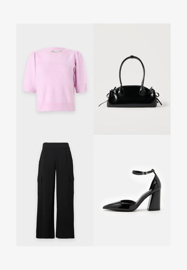 Roze short-sleeve sweater met een ronde halslijn, geribbelde manchetten en een zachte textuur, met subtiele pofdetails op de schouders.; Zwarte cargobroek met een wide-leg design, gemaakt van een glad, rekbaar materiaal. Voorzien van twee zijzakken met kleppen en een hoge tailleband.; Zwarte lakleren hoge hak met een spitse neus, enkelbandje en brede blokhak voor stabiliteit, met een gladde glanzende textuur.; Kleine zwarte glanzende handtas met twee lange hengsels en zijkant trekkoord details op een effen lichte achtergrond.