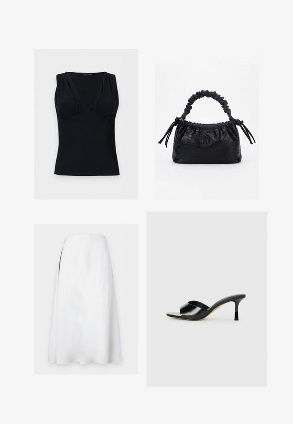 Top noir sans manches avec un décolleté en V profond et un détail subtil de tissu froncé au niveau de la poitrine, fabriqué par Anna Field.; Jupe midi blanche en forme trapèze avec une taille haute et une discrète fente latérale sur fond uni.; Mules à talons hauts en cuir noir avec un design à bout ouvert et une large sangle supérieure incurvée. Texture lisse et silhouette élégante.; Sac à main noir avec texture crocodile, bord supérieur froncé, poignée plissée et pompons à cordon de chaque côté sur fond blanc.