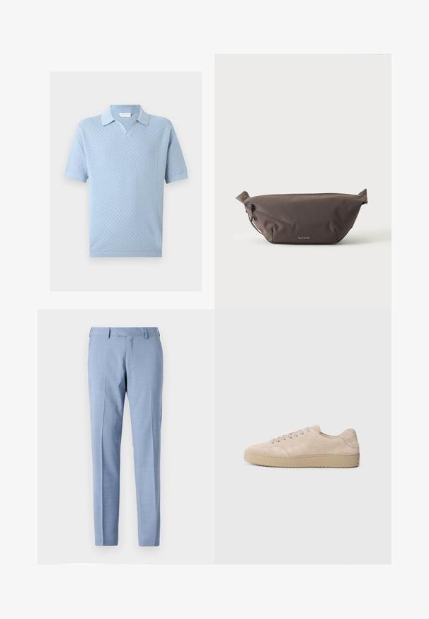 Hellblaues Poloshirt mit kurzen Ärmeln, strukturiertem Kariertmuster sowie geripptem Kragen, Bündchen und Saum.; Hellblaue, maßgeschneiderte Hose mit flacher Vorderseite, Seitentaschen, Gürtelschlaufen und geradem Bein vor schlichtem Hintergrund.; Beige Wildlederschuh mit einer runden Zehenform, flachen Schnürsenkeln und einer strukturierten Gummisohle. Minimalistisches Design mit glatten Kanten und dezenten Nähten.; Dunkelbraune Stoff-Gürteltasche mit diagonalem Reißverschlussfach und kleinem weißen Logo vorne, vor einem einfarbigen hellen Hintergrund.