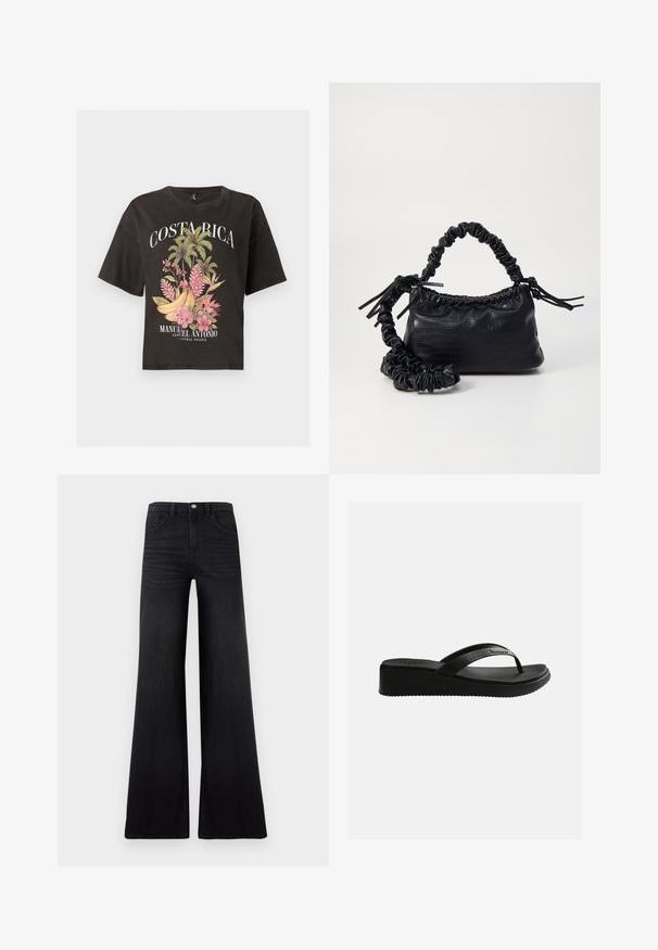 Schwarzes kurz geschnittenes T-Shirt mit dem Schriftzug „Costa Rica“, tropischen Palmen, Bananen, pinken Blumen und „Manuel Antonio Central Pacific“ unter dem Design.; Schwarze Jeans mit weitem Bein aus Denim, mit hoher Taille, Vordertaschen und einer glatten, texturierten Oberfläche mit minimalem Verblassen.; Schwarze Keilabsatz-Zehensandale mit strukturierter Innensohle und dünnen Riemen mit dezentem Markenlogo auf schlichtem weißem Hintergrund.; Schwarze Handtasche aus Kunstleder mit Krokodilstruktur, gerafftem oberen Teil und einem geschoppten Tragegurt. Sie wirkt weich und kompakt im Design.