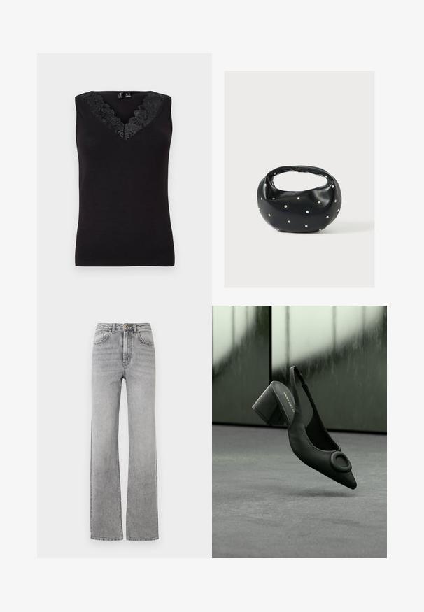 Sort ærmeløs top med V-udskæring og sort blonde detalje, lavet af et glat stof med en tætsiddende form.; Slidsegrå denimjeans med lige ben, knap- og lynlåsclosure, frontlommer og bæltestropper på en hvid baggrund.; Sort læder slingback højhælede sko med spids tå og rund spænde, placeret mod en grå gulv og sløret baggrund.; Sort læderhåndtaske med en rundet form, dekoreret med sølvnitter, og et kort håndtag. Glat tekstur og lynlåslukning.