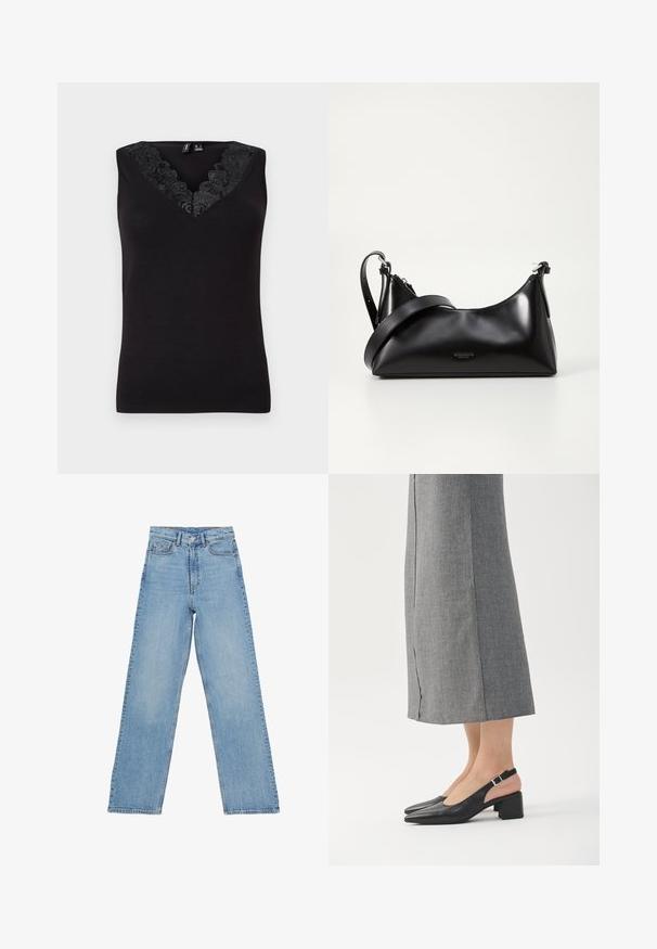 Zwarte mouwloze top met een V-halslijn en zwarte kantdetails, gemaakt van een gladde stof met een getailleerde pasvorm.; Lichtblauwe denim jeans met een hoge taille, rechte pijpen, voorzien van vijf zakken en een knoopsluiting. Geen zichtbare patronen.; Zwarte leren slingback schoenen met een puntige neus, blokhak en een contrasterend roze hielaccent. Gladde textuur met een minimalistisch ontwerp.; Zwarte leren handtas met een gladde textuur. Beschikt over een verstelbare schouderband en een strak, minimalistisch ontwerp met een ritssluiting.