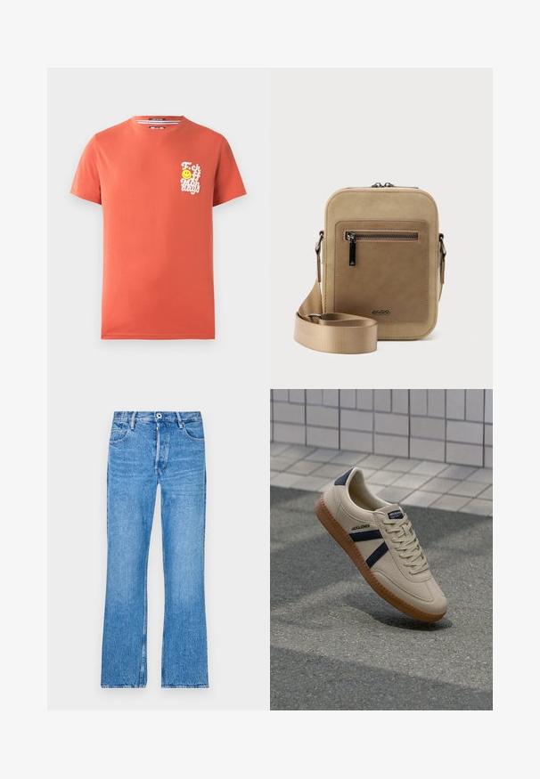 Korte mouwen t-shirt in koraalkleurige katoen. Bevat een witte grafische opdruk met tekst en een glimlachend gezicht op de linkerkant van de borst. Ronde halslijn.; Blauwe, recht gesneden jeans van denim met een vervaagde wassing. Voorzien van een knoopsluiting, riemlussen en een standaard vijf-pocket ontwerp.; Beige sneaker met een textuurafwerking, marineblauwe strepen en een rubberen zool. Heeft een gevoerde tong en een traditioneel vetersysteem voor een veilige pasvorm.; Kleine beige crossbodytas met een voorvak met ritssluiting, metalen ALDO-logo, verstelbare brede band en afgeronde rechthoekige vorm op een witte achtergrond.