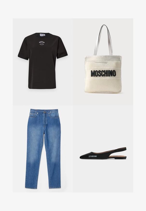 Musta puuvillapaita, jossa on lyhyet hihat, pyöreä kaula-aukko ja rintapielessä valkoinen brodeerattu logo "Moschino Jeans".; Siniset farkut suoran lahkeen leikkauksella, viisi taskua, kultaiset yksityiskohdat ja hienovarainen kuluminen polvien kohdalla.; Musta teräväkärkinen slingback-tasapohjakenkä, jossa on matala korko ja "LOVE MOSCHINO"-logo sivulla, yksinkertaisella vaalealla taustalla.; Kermanvärinen kudottu olkalaukku, jossa musta "MOSCHINO"-logo edessä ja valkoiset nahkaiset olkahihnat yksiväristä taustaa vasten.