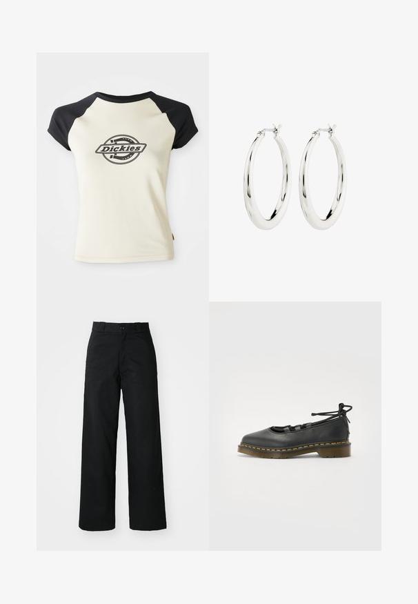 Cremfarbene T-Shirt mit schwarzen Raglanärmeln, das ein kreisförmiges Logo mit dem Text "Dickies" in der Mitte auf weißem Hintergrund zeigt.; Schwarze weit geschnittene Hose mit flachem Vorderteil, Knopfverschluss und Gürtelschlaufen. Hergestellt aus strapazierfähigem Stoff mit glatter Textur.; Schwarzer Lederschuh mit runder Zehenpartie, niedrigem Absatz, Schnürdetails und gelber Naht entlang der Sohle. Glatte Textur mit matter Oberfläche.; Silberne Creolen mit einer glatten, glänzenden Oberfläche. Kreisform, ausgestattet mit einem sicheren Verschluss. Einfaches und elegantes Design.