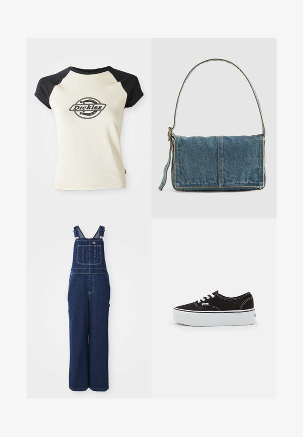 Crème t-shirt met zwarte raglan mouwen, met een circulair logo in het midden waarop de tekst "Dickies" staat, tegen een witte achtergrond.; Denim tuinbroek in donkerblauw, voorzien van verstelbare banden, een borstzak, zijzakken en een losse, wijde pasvorm. Klassieke stikdetails.; Zwarte canvas sneaker met een witte rubberen platformzool, voorzien van witte veters en stiksels, iconische branding op de zijkant, low-top ontwerp.; Denim schoudertas met een opvouwbaar ontwerp, lichtblauwe kleur, zichtbare stiksels, verstelbare schouderband en een zijlabel accent.