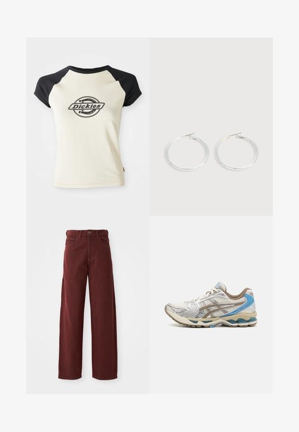 Camiseta de color crema con mangas raglán negras que presenta un logo circular con el texto "Dickies" en el centro, sobre un fondo blanco.; Pantalones de pierna ancha color marrón hechos de algodón con una textura suave, que cuentan con un cierre frontal de botón, trabillas para cinturón y múltiples bolsillos.; Zapatilla de running blanca y beige con detalles azules, parte superior de malla, suela acolchada y diseño con cordones, mostrada desde el lado exterior.; Pareja de pendientes de aro plateados brillantes con cierres de alambre delgado, mostrados sobre un fondo gris claro.