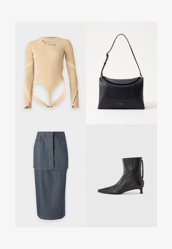 Feng Chen Wang DECONSTRUCTED LOGO - Longsleeve - beige; Denim rok in een donkerblauwe tint, met voorzakken, een aansluitende taille en een knielange snit, benadrukt door contrasterende stiksels.; Zwarte leren enkellaars met een puntige neus, gestructureerde vorm en een lage hak. Voorzien van een zijrits en een minimalistisch ontwerp.; Zwarte leren tas met een gestructureerde vorm, een opvouwbare bovenkant en een zak aan de voorkant. Het heeft een slanke schouderband en gouden hardware-accenten.