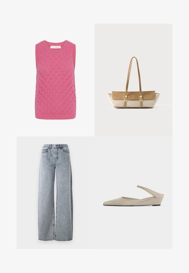 Roze mouwloos gebreid vest met diamantvormig kabelpatroon en geribbelde kraag en zoom.; Licht gewassen denim wijde pijpen jeans met een hoge tailleband, voorzien van voorzakken, riemlussen en contrasterende stiksels.; Beige lage sleehak slingback schoen met puntige neus en gladde matte afwerking, getoond in zijaanzicht op een witte achtergrond.; Beige en tan rechthoekige schoudertas met suède klep, twee gouden gespen, lange dunne riemen en brede stoffen zijkanten op een witte achtergrond.