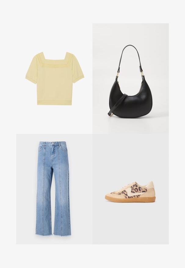 Korte mouw, top met vierkante hals in lichtgele katoen, met een gestructureerd brei-detail langs de halslijn en een relaxte pasvorm.; Lichtblauwe denim wijdlopende jeans met een hoge taille, voornaad en onbewerkte zoom. Voorzien van een klassieke knoop- en ritsluiting in de taille.; Luipaardprint sneakers met een beige suède bovenkant, tan rubberen zool en witte accenten. Ronde neus en vetersluiting met een gestructureerde afwerking.; Zwarte leren handtas met een gebogen vorm, uitgerust met een bovenste ritsluiting, een kort handvat en een afneembare schouderband. Gouden hardware accenten.
