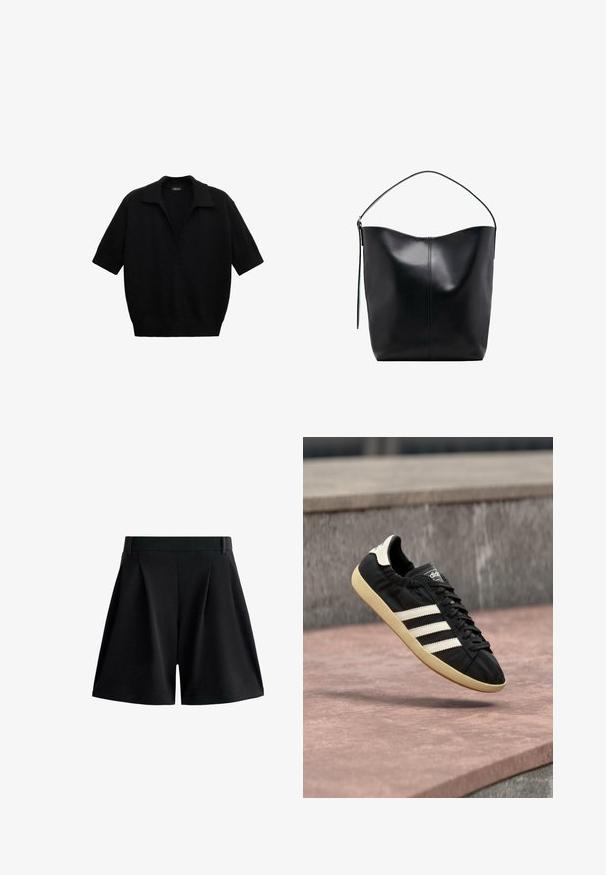 Sort kortærmet strikket sweater med bred krave og dyb V-udskæring, ribkant og afslappet pasform.; Sorte shorts med højtaljet snit, bæltestropper og folder, med vid benudskæring og enkel kantdetalje.; Sort Adidas sneaker med hvide striber og beige sål, fanget i luften over en stenet overflade og baggrund af en stenmur.; Sort læder tote taske med en buet topkant, enkelt skulderrem og glat tekstur. Har diskret sømdetaljering på forsiden.