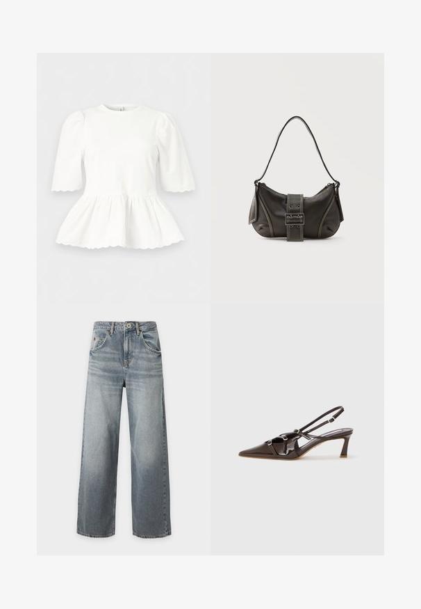 Witte blouse met opgeblazen ellebooglange mouwen, een getailleerde taille en gegolfde randen aan mouwen en zoom, weergegeven tegen een effen achtergrond.; Lichtblauwe jeans met wijde pijpen en een vervaagde wassing, knoop- en ritssluiting voor, voor- en achterzakken en riemlussen, plat neergelegd op een witte achtergrond.; Bruine gepatineerde leren slingback hak met een spitze neus, verstelbare straps en decoratieve gespen aan de voorkant. 3-inch hakhoogte.; Zwarte leren schoudertas met gespsluiting aan de riem, afgeronde hoeken en contrasterende witte stiksels op een effen achtergrond.