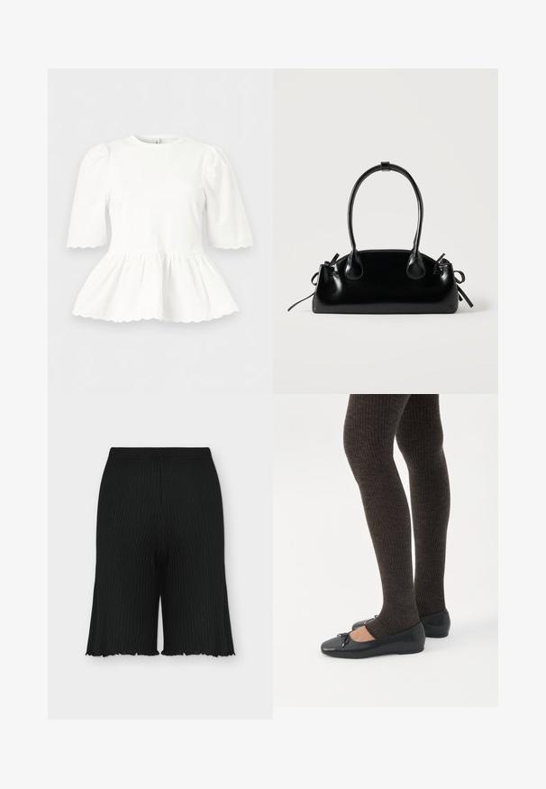 Blouse blanche avec manches bouffantes mi-longues jusqu'au coude, taille froncée et bords festonnés aux manches et à l'ourlet, présentée sur un fond uni.; Shorts en tricot côtelé noir avec une ceinture élastique et un ourlet légèrement froncé, vus de face sur un fond uni.; Jambes portant des leggings côtelés foncés associés à des ballerines noires avec de petits détails en nœud sur fond blanc.; Petit sac à main noir brillant avec deux longues anses et des détails à cordon sur les côtés sur un fond clair uni.