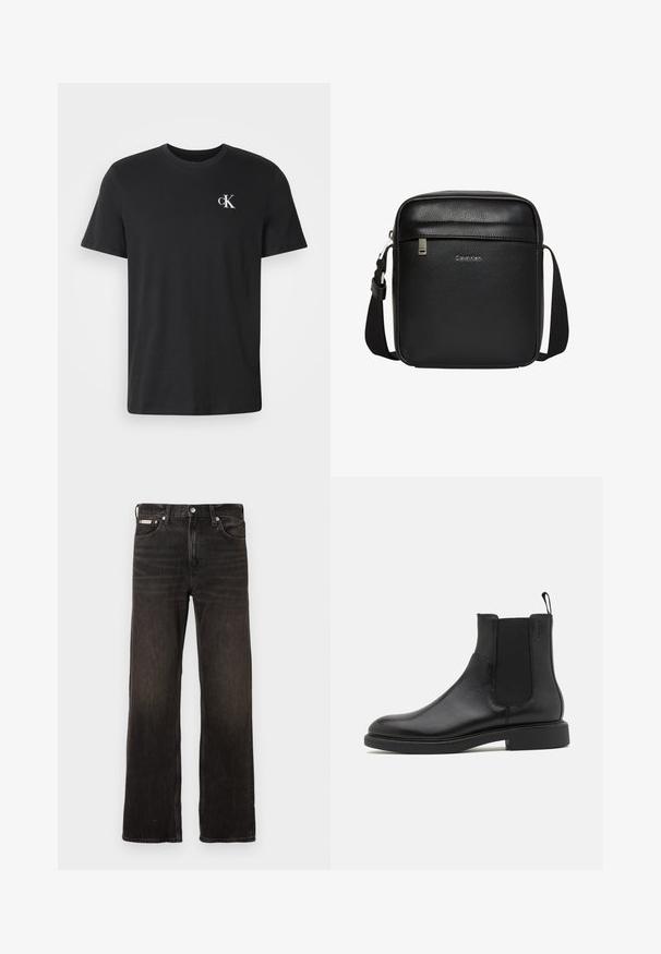 Zwart T-shirt met korte mouwen en ronde hals, met een klein wit "cK"-logo op de linkerborst.; Zwarte denim jeans met een rechte pasvorm, vervaagde afwerking, vijf zakken en metalen knoopsluiting. Bevat een lichte wassing.; Zwarte leren enkelboot met een gladde textuur, elastische zijpanelen en een trekhaak. Ronde neus en platte rubberen zool met minimale profiel.; Zwarte Calvin Klein crossbodytas met verstelbare riem, voorvak met ritssluiting en subtiel logo op een getextureerd leren oppervlak.
