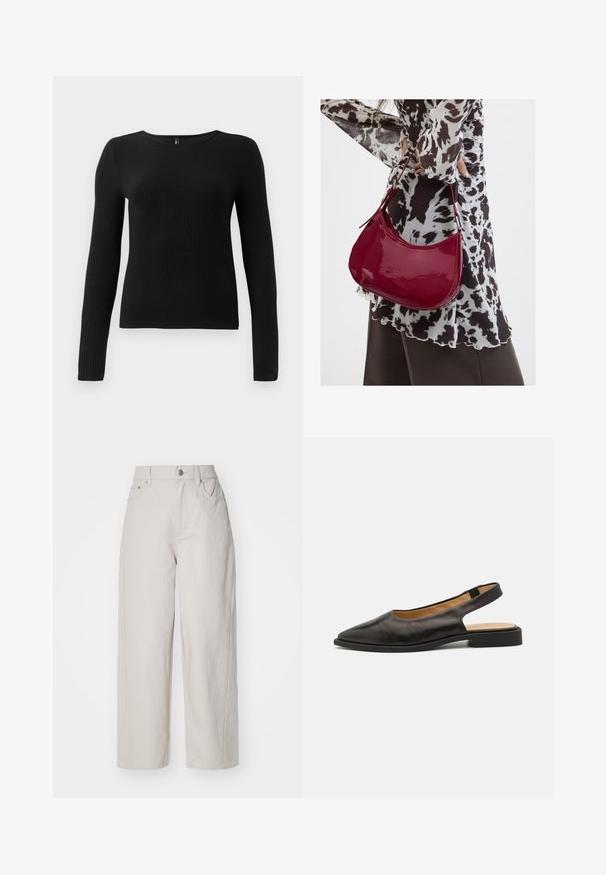 Sort ribbet langærmet top med rund halsudskæring og tætsiddende silhuet. Stoffet ser blødt og tekstureret ud med en subtil stræk.; Beige brede benbukser i cotton med høj talje, knap- og lynlås-lukning og fire lommer; glat tekstur med denim-finish.; Sorte læderslingback-sko med spids tå, lav hæl og åben bag. Forskønnede med en glat tekstur og minimalistisk design.; Kvinde iført en sort- og hvidmønstret bluse, der holder en blank rød skuldertaske mod en ensfarvet baggrund.