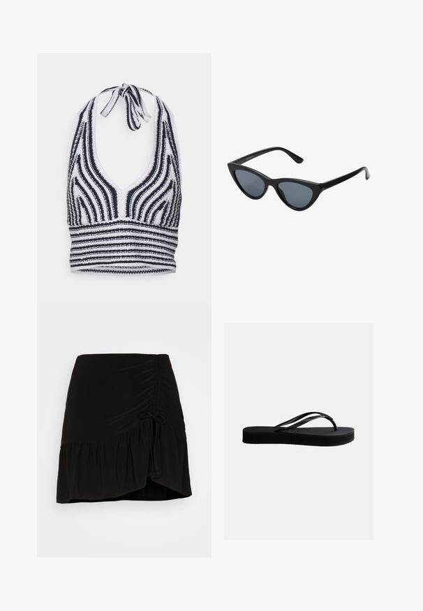 Hollister Co. SUM BARE HALTER - Topper - navy/white; Even&Odd by Zalando Miniskjørt - black; Svart gummikflip-flop med teksturert såle og Y-formet stropp, vist i sideprofil mot en jevn, lys bakgrunn.; Sorte cat-eye solbriller med mørk grå linser, glatte plastikkrammer, spisse hjørner og rette stenger. Ingen synlig maskinvare eller detaljer.