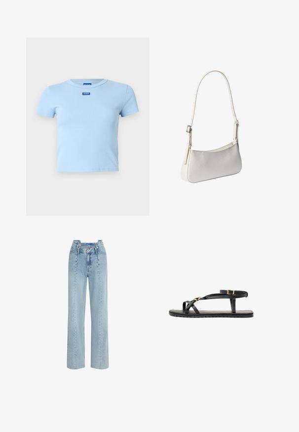 Lichtblauw geribd T-shirt met korte mouwen en een ronde hals. Voorzien van een klein blauw "HUGO"-logo aan de voorkant, minimalistisch design.; Lichtblauwe, high-waisted jeans met een wijd uitlopende pasvorm. Gemaakt van denim, met een uitgerafelde zoom en een sluiting met knopen aan de voorkant.; Zwarte leren sandalen met dunne banden en een gespsluiting rond de enkel. Platte zool met een gestructureerde afwerking en een zigzagrand. Minimalistisch design.; Witte schoudertas met verstelbare band en subtiel gestructureerd patroon, rechthoekige vorm met afgeronde hoeken, zilveren gesp op de band.