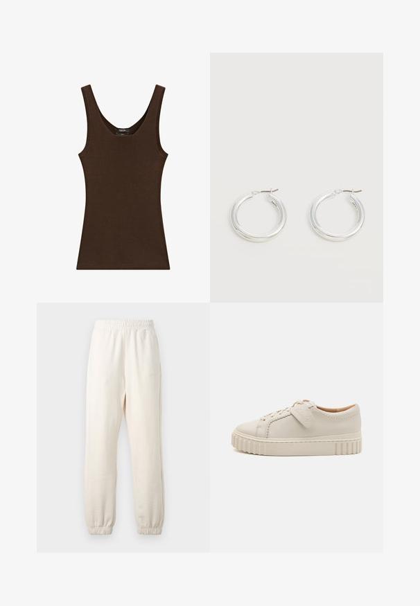 Ærmeløs brun strikket tanktop med rund halsudskæring og ribbet kant rundt kanterne.; Kremfarvede joggingbukser med elastisk linning og manchetter, vist fladt mod en lys baggrund.; Hvide lædersneakers med tekstureret tåhætte, stikninger og en rillet gummisål. Inkluderer et brandet tag på siden.; Par mellemstore skinnende sølv hoops øreringe med tynde metal spænder på en lys neutral baggrund.
