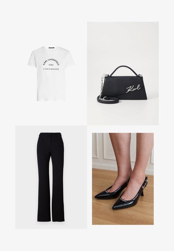 Weißes kurzärmeliges T-Shirt mit schwarzem Text auf der Vorderseite: "KARL LAGERFELD PARIS 21 RUE ST-GUILLAUME".; Schwarze Hose mit geradem Schnitt, glatter Textur und einem Bund mit einem einzelnen Knopfverschluss. Keine sichtbaren Muster oder Akzente.; Schwarze Lackleder Slingback-Pumps mit spitzer Zehenpartie und KARL LAGERFELD-beschriftetem Riemen, getragen an Füßen, die auf einem Holzboden stehen.; Schwarze Leder-Handtasche mit dreieckiger Form, silbernem "Karl"-Logo-Detail und abnehmbaren Kettenriemen. Glatte Textur und strukturiertes Design.