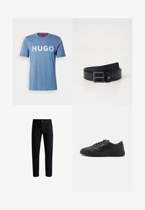 T-shirt en coton bleu clair à manches courtes, avec un grand logo blanc "HUGO" sur le devant. Encolure ras du cou simple, texture lisse.; Jeans slim noirs avec cinq poches, fermeture à bouton et passants de ceinture, présentés sur un fond blanc.; Baskets en cuir noir avec une texture lisse, bout rond, semelle en caoutchouc plate et lacets ton sur ton. Présente une marque "BOSS" dorée sur le côté.; Ceinture en cuir noir à finition lisse, boucle en métal et détails en surpiqûre rouge. Présente un logo près de la boucle et plusieurs trous d'ajustement.