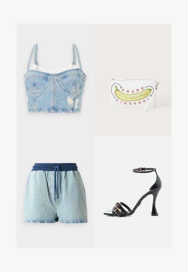 Blå denim kort bustiertop med justerbare stropper, skåle med bøjle, frynsete kanter og hvid øjlet blonderkant langs halsudskæringen.; Lyst blå denim shorts med en elastisk marineblå talje. Har en snøre med sølvmetal spidser og et afslappet pasform design.; Sort lak-sandal med høj hæl, ankelrem og to forreste remme med guldfarvede spændedetaljer, set fra siden på hvid baggrund.; Hvid clutch pung med en gul bananillustration og rød tekst "SOUND FIORUCCI" på forsiden samt en sølvfarvet lynlås.