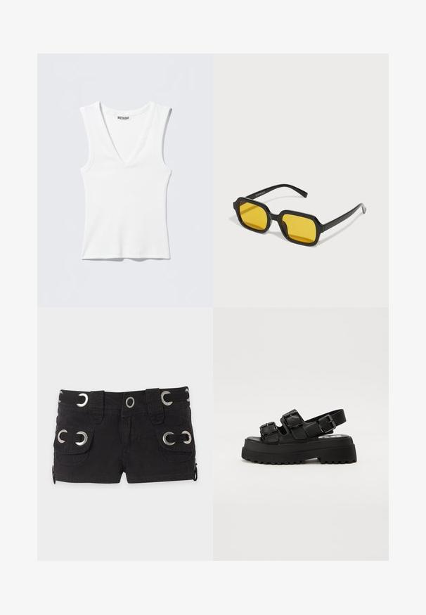Witte geribde mouwloze tanktop met V-hals en WEEKDAY-merklabel aan de binnenkant van de hals, plat gelegd op een lichte achtergrond.; Zwarte shorts met twee voorzakken met zilveren ringetjes en riemlussen op een effen lichtgrijze achtergrond.; Zwarte plateau-sandalen met drie verstelbare gespbanden, een gestructureerde zool en een gladde bovenkant. Ontworpen met een stevige, chunky silhouet.; Zwarte rechthoekige zonnebril met gele lenzen. Kenmerken zijn onder andere dikke monturen en een hoekig ontwerp met een gladde, glanzende afwerking.
