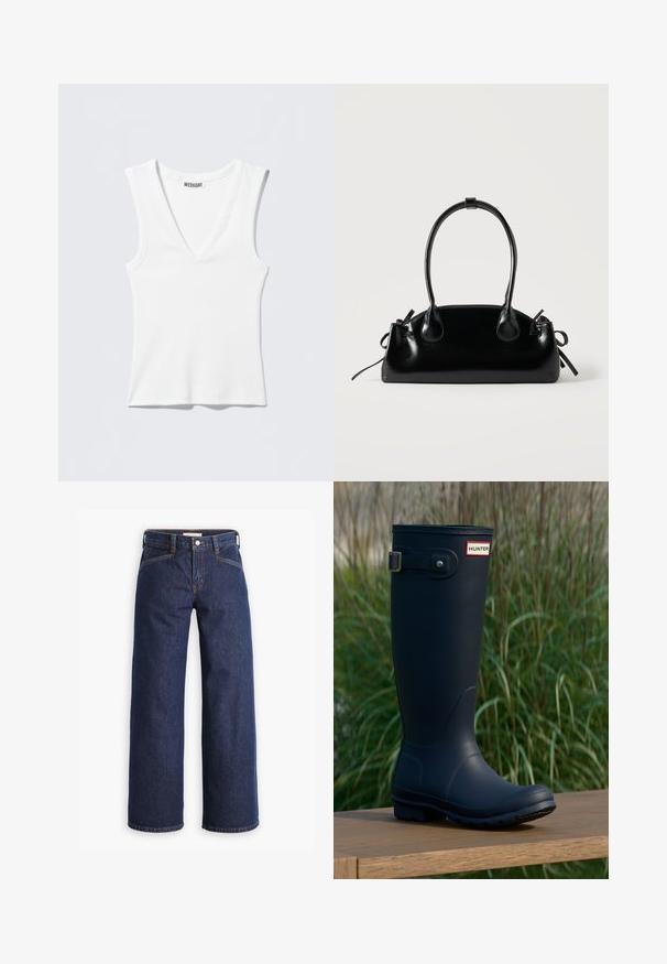 Hvid rødternet ærmeløs tanktop med V-hals og WEEKDAY-mærke indeni ved halsudskæringen, lagt fladt på en lys baggrund.; Mørkeblå denim jeans med høj talje, bred benklipp og diskret orange syninger. Har knap- og lynlåslukning foran.; Marine gummistøvle med rund tå, tekstureret overflade, justerbar spænde detaljer og Hunter-logo nær toppen. Stabilt sål med mønster.; Lille sort blank håndtaske med to lange håndtag og snøre-detaljer i siden på en ensfarvet lys baggrund.