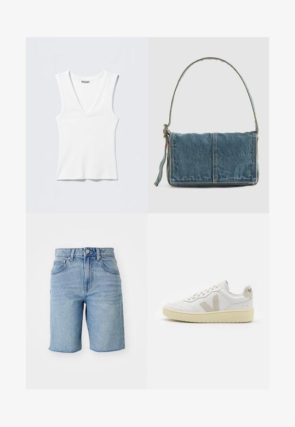 Camiseta sin mangas blanca con cuello en V y canalé, con etiqueta de la marca WEEKDAY en el interior del cuello, extendida sobre un fondo claro.; Pantalones cortos de mezclilla de color azul claro con cintura alta, cinco bolsillos y dobladillo deshilachado. La tela presenta un lavado desvanecido con sutiles variaciones de textura.; Zapatilla de piel blanca con acentos de ante beige, caja de puntera perforada, cordones planos y suela texturizada en color crema. Cuenta con un branding sutil en el talón.; Bolso de hombro de denim con un diseño plegable, color azul claro, costuras visibles, correa ajustable y un acento de etiqueta lateral.