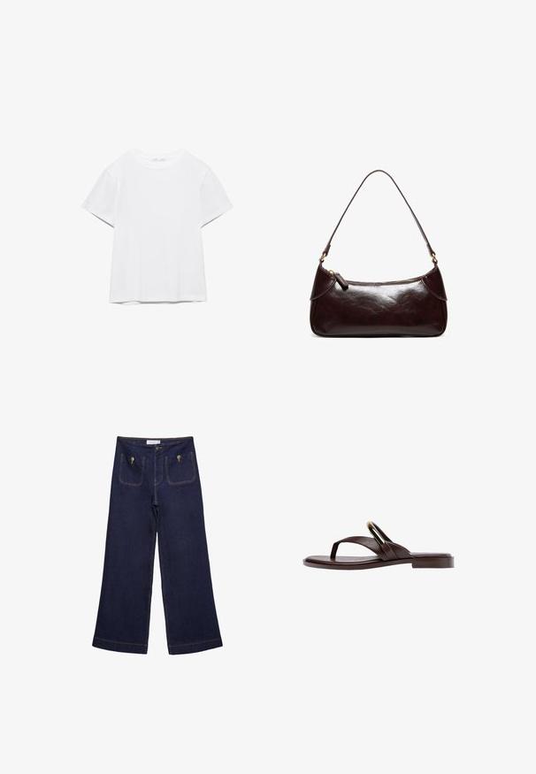 T-shirt blanc uni à manches courtes et col rond, avec un ourlet droit, présenté sur un fond blanc.; Jean large en denim bleu foncé avec deux poches avant, des coutures visibles et une fermeture à bouton. Présente une coupe droite et un ourlet effiloché.; Sandale plate en cuir marron avec lanière entre les orteils et détail de boucle ovale dorée sur deux brides traversant le pied.; Sac à bandoulière en cuir marron foncé avec une seule sangle et une fermeture éclair, forme rectangulaire avec des bords arrondis sur fond blanc.