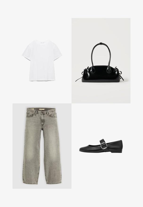 Hvid, kortærmet T-shirt med rund hals og lige kant, vist på en hvid baggrund.; Lys grå, bredbenede jeans lavet af denim. Har traditionel fem-lomme stil og let falmning gennem stoffet.; Sorte læder ballet flats med en rund tå, en enkelt justerbar rem og et stort sølvspænde. Flad hæl og glat tekstur.; Lille sort blank håndtaske med to lange håndtag og snøre-detaljer i siden på en ensfarvet lys baggrund.