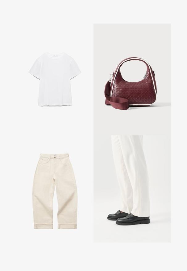 Hvid, kortærmet T-shirt med rund hals og lige kant, vist på en hvid baggrund.; Beige vidde bukser med høj talje, opbukket kant, forreste knaplukning, lynlås og fem-lomme design på hvid baggrund.; Person iført hvide skræddersyede bukser og sorte læder loafers stående på hvid baggrund.; Mørkerød vævet lædertaske med buet hank, hvid kant, sølv lynlås og aftagelig bred stofskulderrem mod en ensfarvet baggrund.