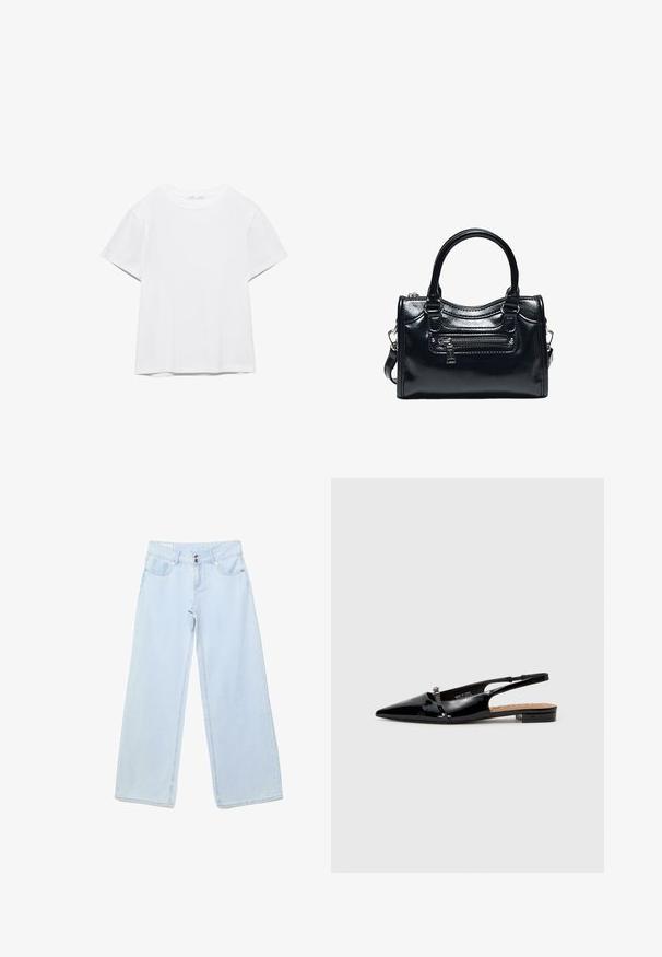 Hvid, kortærmet T-shirt med rund hals og lige kant, vist på en hvid baggrund.; Lyseblå jeans med vide ben, dobbelt knaplukning, forlommer og møntlomme, vist fladt mod en hvid baggrund.; Sorte patenterede læderslipsko med spids tå, minimalistisk design, lille hæl og sølvfarvet spænde på remmen.; Sort skinnende læderhåndtaske med to håndtag, lynlåslomme foran og aftagelig skulderrem på hvid baggrund.