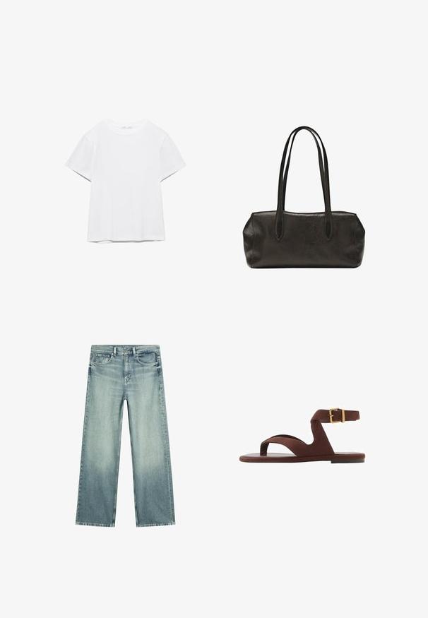 Unifarbenes weißes T-Shirt mit kurzen Ärmeln und Rundhalsausschnitt, gerader Saum, dargestellt auf weißem Hintergrund.; Hellblaue Jeans mit hoher Taille und weitem Bein, mit Front- und Gesäßtaschen sowie Knopfverschluss, auf weißem Hintergrund dargestellt.; Braune Wildleder-Sandale mit rutschfestem Design, Knöchelriemen mit Schnalle und flacher Sohle. Offene Zehen mit glatter Textur.; Schwarze Leder-Handtasche in rechteckiger Form mit langen, doppelten Schulterriemen und strukturierter Oberfläche, dargestellt vor einem schlichten weißen Hintergrund.