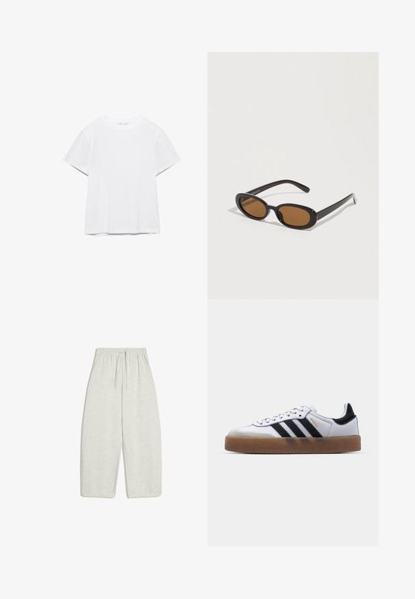 T-shirt blanc uni à manches courtes et col rond, avec un ourlet droit, présenté sur un fond blanc.; Pantalon de survêtement gris clair, à taille large, confectionné dans un mélange de coton doux, avec une ceinture élastique munie d'un cordon ajustable et des poches latérales.; Baskets en cuir blanc avec des rayures noires, semelle extérieure en caoutchouc beige, bout rond, fermeture lacée et embout en suède gris doux.; Lunettes de soleil avec des verres ovales marron, monture en plastique noir et branches fines. Texture lisse avec un design minimaliste.
