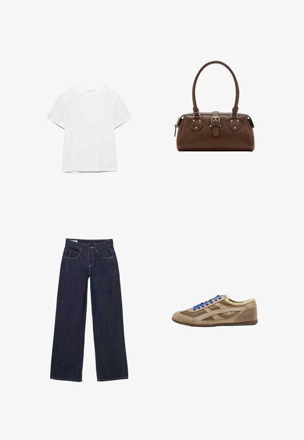 Effen wit T-shirt met korte mouwen en ronde hals, met een rechte zoom, gepresenteerd tegen een witte achtergrond.; Donkerblauwe wijde spijkerbroek van denim met een knoop- en ritsluiting, vijf zakken en gele stiksels.; Beige lage sneaker met mesh zijpanelen, blauwe veters, crèmekleurige kraagvoering en een platte bruine zool op witte achtergrond.; Bruine leren handtas met twee handvatten, een centrale gespband en goudkleurige hardware, afgebeeld tegen een witte achtergrond.