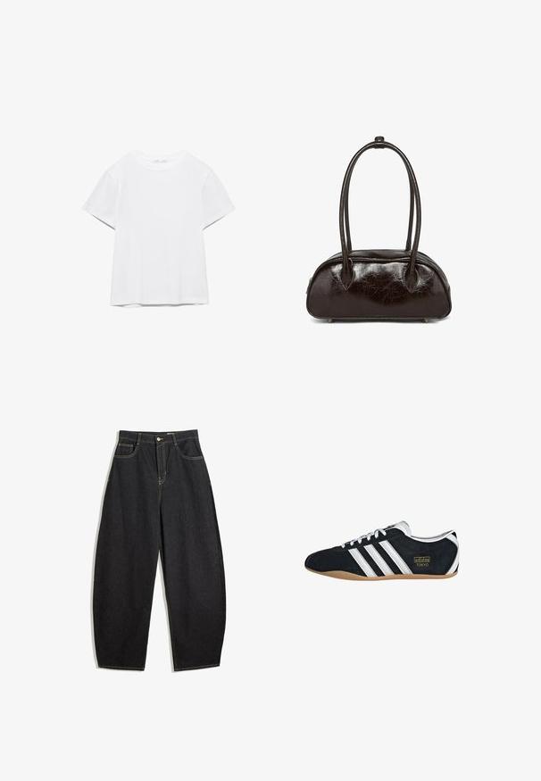 T-shirt blanc uni à manches courtes et col rond, avec un ourlet droit, présenté sur un fond blanc.; Pantalons larges en denim noir avec taille haute, dotés de coutures jaunes, de deux poches avant et d'une fermeture à un bouton.; Sneakers en suede noir avec trois bandes blanches, logo doré et semelle en caoutchouc marron. Présente un design à lacets à profil bas.; Sac à main en cuir brun craquelé, de forme ovale, avec deux poignées arrondies et des petits pieds en métal. Dispose d'une fermeture éclair sur le dessus.