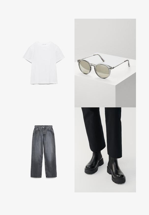 Effen wit T-shirt met korte mouwen en ronde hals, met een rechte zoom, gepresenteerd tegen een witte achtergrond.; Donkergrijze rechte jeans met voorzakken, riemlussen, knoop en ritssluiting.; Persoon die zwarte leren enkellaarzen met dikke zool draagt, gecombineerd met zwarte broek met rechte pijpen op een witte achtergrond.; Ronde zonnebrillen met transparante grijze monturen en grijs-getinte lenzen. Metalen accenten op de veren en gebogen armen voor stabiliteit.