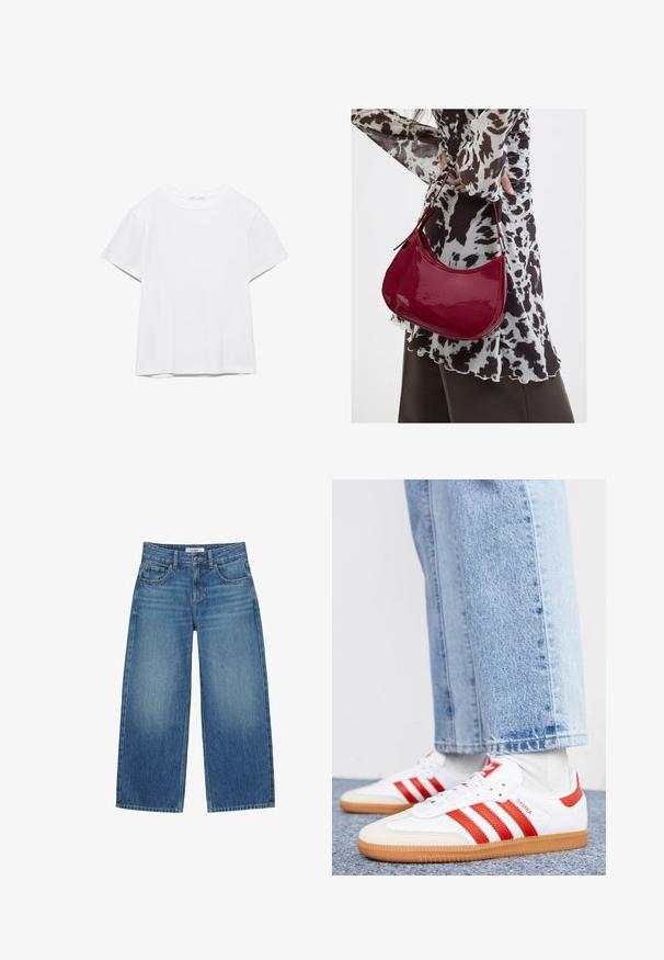 T-shirt blanc uni à manches courtes et col rond, avec un ourlet droit, présenté sur un fond blanc.; Jean large en denim bleu avec bouton frontal, fermeture éclair, passants pour ceinture et design à cinq poches, étalé à plat sur un fond blanc.; Baskets en cuir blanc avec des rayures et des accents rouges. Dotées d'une semelle extérieure en gomme texturée et d'un col rembourré. Portées avec un jean en denim bleu clair.; Femme portant un chemisier à motif noir et blanc tenant un sac à main rouge brillant sur un fond uni.