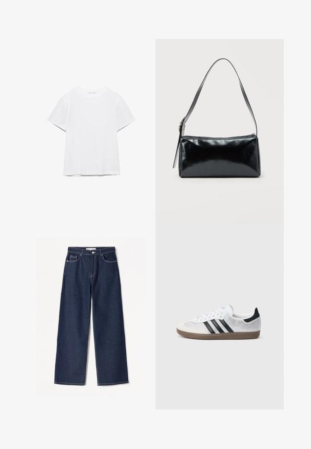 Hvid, kortærmet T-shirt med rund hals og lige kant, vist på en hvid baggrund.; Mørkeblå brede jeans i denimstof med hvide syninger, har to frontlommer og en klassisk knaplukning.; Hvid mesh-sneaker med sorte striber, beige ruskind på tåhætte og hæl, tekstureret gummisål og hvide snørebånd. Klassisk lavtopsdesign.; Sort rektangulær skuldertaske med en enkelt justerbar rem og lynlås i toppen på en ensfarvet baggrund.